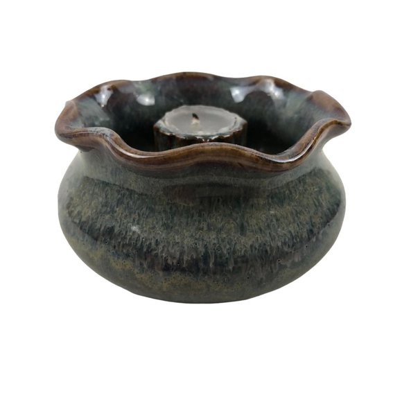 Studio Pottery Single Candlestick Holder Bowl Blue Fluted Edge Hand Signed BAY - Picture 2 of 10